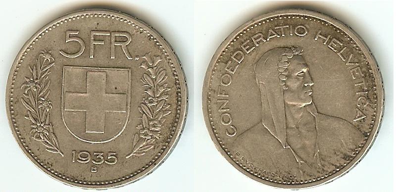 Suisse 5 Francs 1935B TTB+